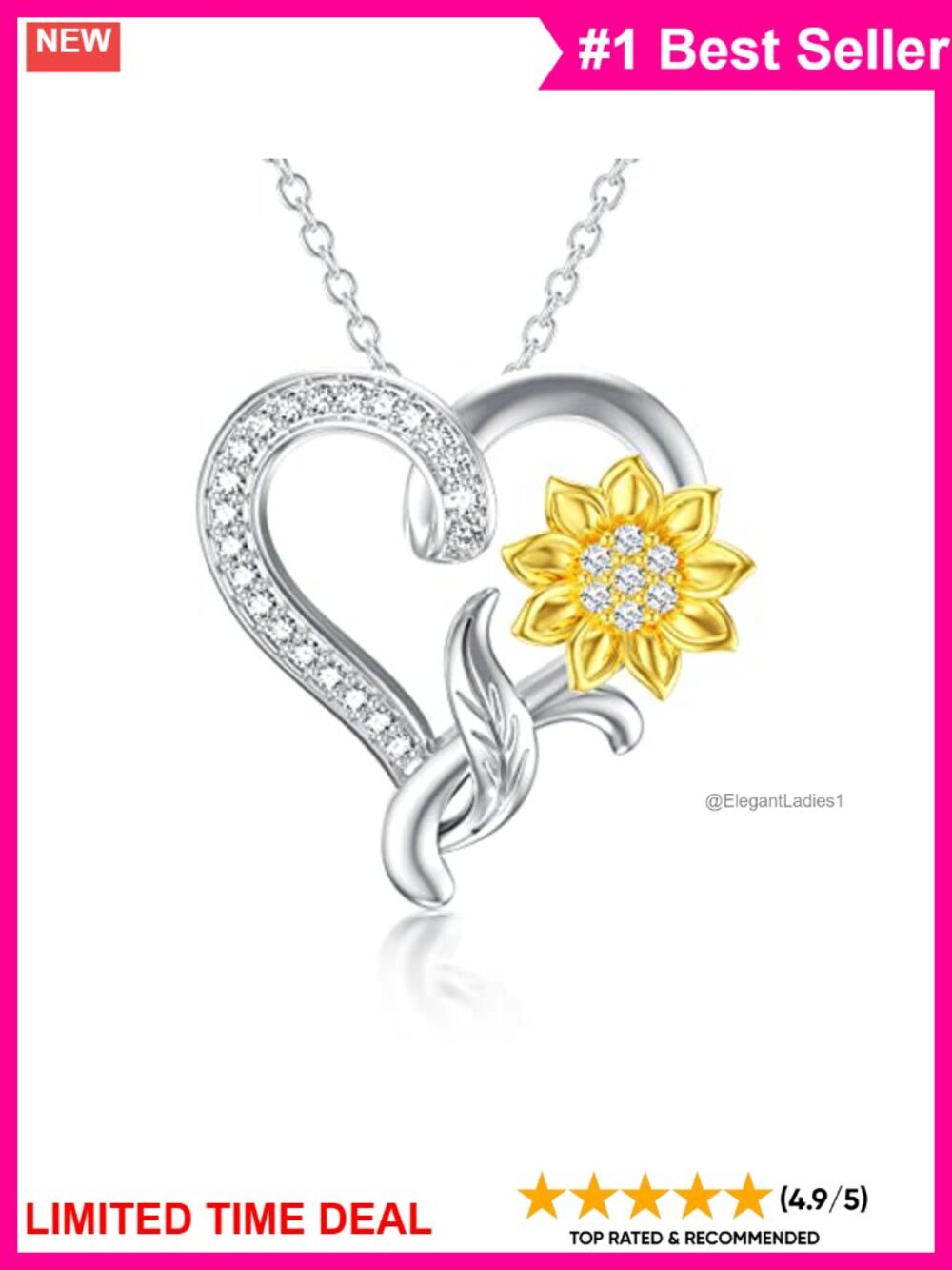 Moissanite Sunflower Heart Pendant Necklace 925 Sterling Silver 18k Gold Plated